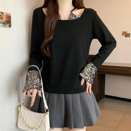 FA51624# 大码微胖mm纯欲风重工亮片修身显瘦辣妹性感长袖加厚磨毛T恤 服裝批發女裝批發服飾貨源