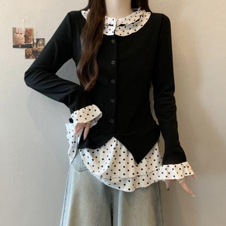 FA51625# 大码微胖mm韩系小香风女加绒设计感波点辣妹针织上衣假两件 服裝批發女裝批發服飾貨源