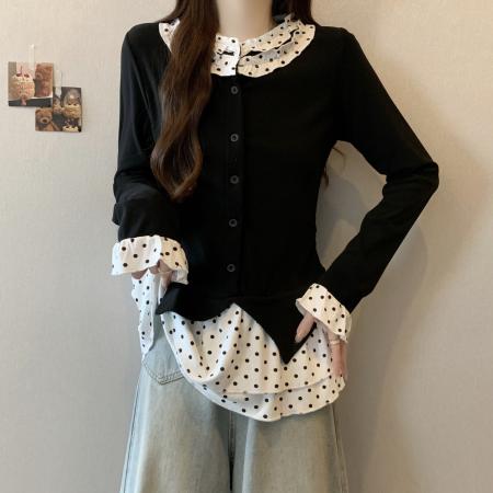 FA51625# 大码微胖mm韩系小香风女加绒设计感波点辣妹针织上衣假两件 服裝批發女裝批發服飾貨源