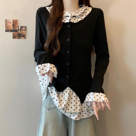 FA51625# 大码微胖mm韩系小香风女加绒设计感波点辣妹针织上衣假两件 服裝批發女裝批發服飾貨源