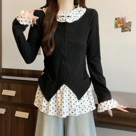 FA51625# 大码微胖mm韩系小香风女加绒设计感波点辣妹针织上衣假两件 服裝批發女裝批發服飾貨源