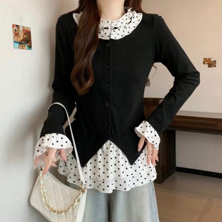 FA51625# 大码微胖mm韩系小香风女加绒设计感波点辣妹针织上衣假两件 服裝批發女裝批發服飾貨源