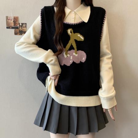 FA51627# 大码胖mm秋冬樱桃提花毛衣假两件针织衫新款显瘦减龄上衣 服裝批發女裝批發服飾貨源