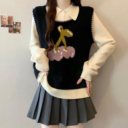 FA51627# 大码胖mm秋冬樱桃提花毛衣假两件针织衫新款显瘦减龄上衣 服裝批發女裝批發服飾貨源