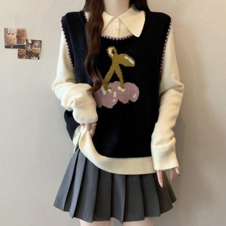 FA51627# 大码胖mm秋冬樱桃提花毛衣假两件针织衫新款显瘦减龄上衣 服裝批發女裝批發服飾貨源