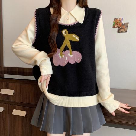 FA51627# 大码胖mm秋冬樱桃提花毛衣假两件针织衫新款显瘦减龄上衣 服裝批發女裝批發服飾貨源