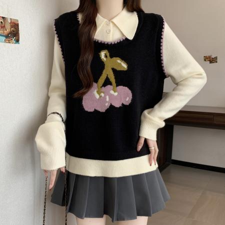 FA51627# 大码胖mm秋冬樱桃提花毛衣假两件针织衫新款显瘦减龄上衣 服裝批發女裝批發服飾貨源