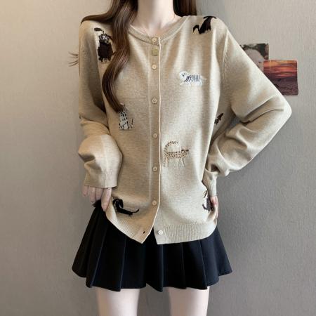 FA51628# 大码胖mm燕麦色针织衫长袖毛衣女秋冬新款动物提花显瘦上衣 服裝批發女裝批發服飾貨源