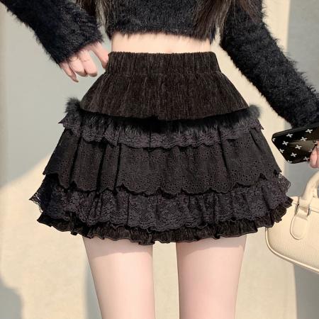 FA51630# 韩系蕾丝半身裙女冬季新款高腰A字短裙百搭显瘦蛋糕裙蓬蓬裙 服裝批發女裝批發服飾貨源