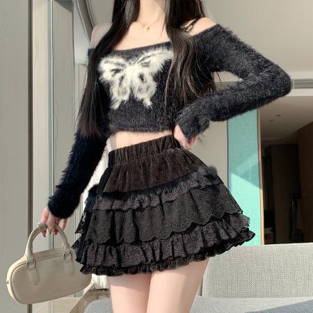 FA51630# 韩系蕾丝半身裙女冬季新款高腰A字短裙百搭显瘦蛋糕裙蓬蓬裙 服裝批發女裝批發服飾貨源