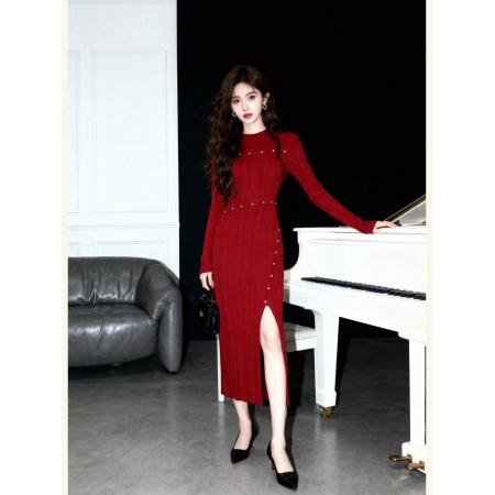 FA51634# 巨好看的早秋黑色开叉针织连衣裙法式气质淡人高知穿搭裙子 服裝批發女裝批發服飾貨源