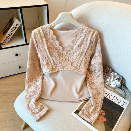 FA51635# 韩版V领蕾丝拼接小众长袖衬衫女宽松开衫打底衫气质上衣 服裝批發女裝批發服飾貨源