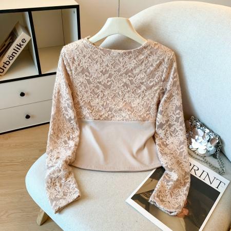 FA51635# 韩版V领蕾丝拼接小众长袖衬衫女宽松开衫打底衫气质上衣 服裝批發女裝批發服飾貨源