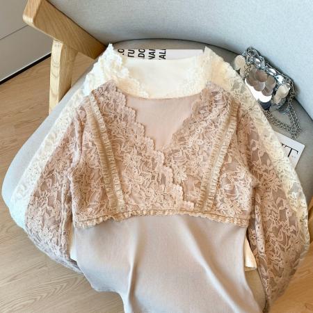 FA51635# 韩版V领蕾丝拼接小众长袖衬衫女宽松开衫打底衫气质上衣 服裝批發女裝批發服飾貨源