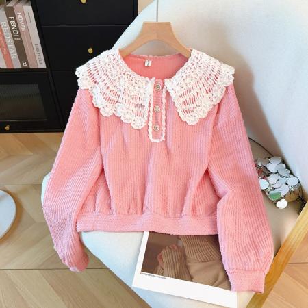 FA51637# 学院风蕾丝拼接娃娃领卫衣女春秋新款洋气宽松设计感上衣 服裝批發女裝批發服飾貨源