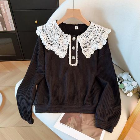 FA51637# 学院风蕾丝拼接娃娃领卫衣女春秋新款洋气宽松设计感上衣 服裝批發女裝批發服飾貨源