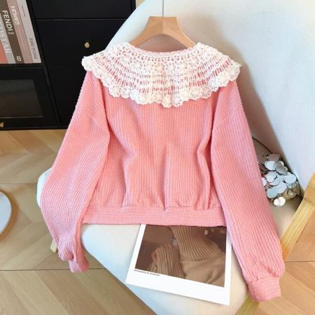 FA51637# 学院风蕾丝拼接娃娃领卫衣女春秋新款洋气宽松设计感上衣 服裝批發女裝批發服飾貨源