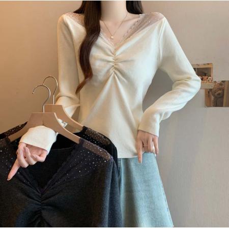 FA51638# 秋冬新款网纱拼接烫钻V领针织打底衫大码百搭减龄单上衣 服裝批發女裝批發服飾貨源
