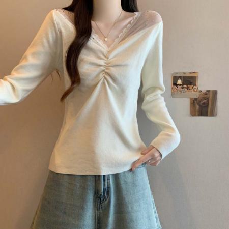 FA51638# 秋冬新款网纱拼接烫钻V领针织打底衫大码百搭减龄单上衣 服裝批發女裝批發服飾貨源