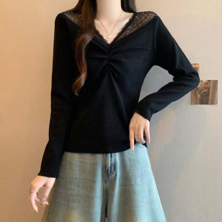 FA51638# 秋冬新款网纱拼接烫钻V领针织打底衫大码百搭减龄单上衣 服裝批發女裝批發服飾貨源