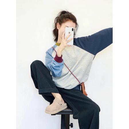 FA51641# 美式复古拼色百搭套头卫衣女早秋季巨好看慵懒风长袖chir上衣 服裝批發女裝批發服飾貨源