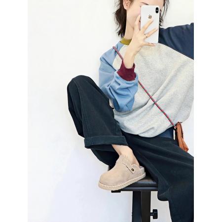 FA51641# 美式复古拼色百搭套头卫衣女早秋季巨好看慵懒风长袖chir上衣 服裝批發女裝批發服飾貨源