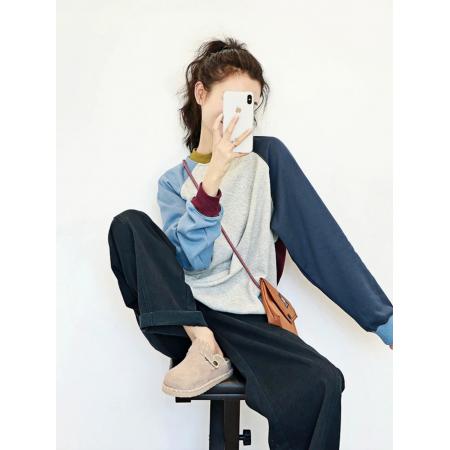 FA51641# 美式复古拼色百搭套头卫衣女早秋季巨好看慵懒风长袖chir上衣 服裝批發女裝批發服飾貨源