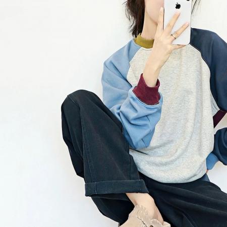 FA51641# 美式复古拼色百搭套头卫衣女早秋季巨好看慵懒风长袖chir上衣 服裝批發女裝批發服飾貨源