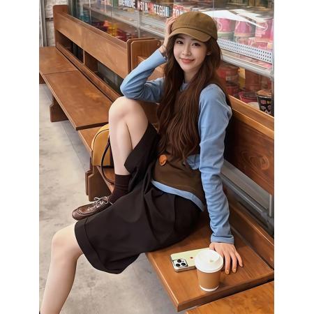 FA51642# 蓝色长袖T恤马甲穿搭两件套女新款早秋季韩系巨好看设计上衣 服裝批發女裝批發服飾貨源