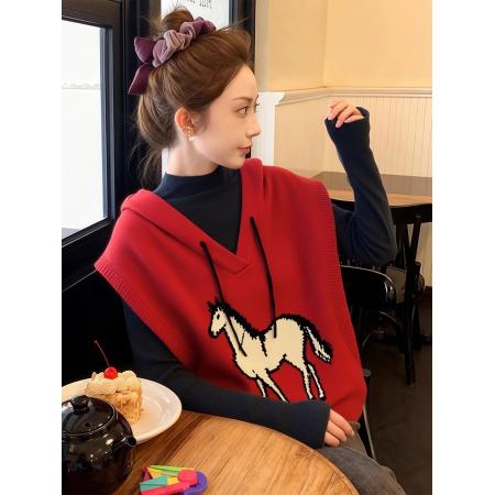 FA51643# 红色小马针织背心叠穿超好看冬装马甲女款新款冬外穿内搭上衣 服裝批發女裝批發服飾貨源