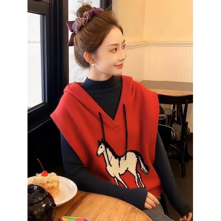 FA51643# 红色小马针织背心叠穿超好看冬装马甲女款新款冬外穿内搭上衣 服裝批發女裝批發服飾貨源