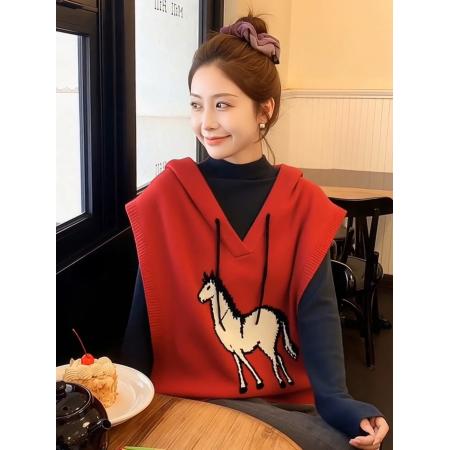 FA51643# 红色小马针织背心叠穿超好看冬装马甲女款新款冬外穿内搭上衣 服裝批發女裝批發服飾貨源