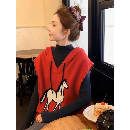 FA51643# 红色小马针织背心叠穿超好看冬装马甲女款新款冬外穿内搭上衣 服裝批發女裝批發服飾貨源