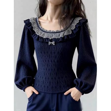 FA51645# 藏青色花边设计感毛衣女新款冬可外穿内搭超好看针织厚款上衣 服裝批發女裝批發服飾貨源