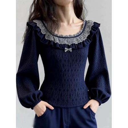 FA51645# 藏青色花边设计感毛衣女新款冬可外穿内搭超好看针织厚款上衣 服裝批發女裝批發服飾貨源