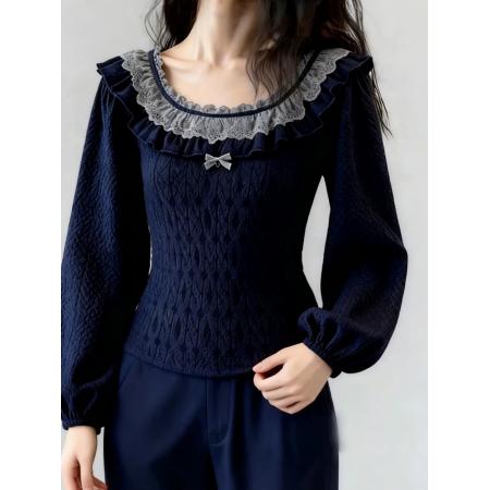 FA51645# 藏青色花边设计感毛衣女新款冬可外穿内搭超好看针织厚款上衣 服裝批發女裝批發服飾貨源