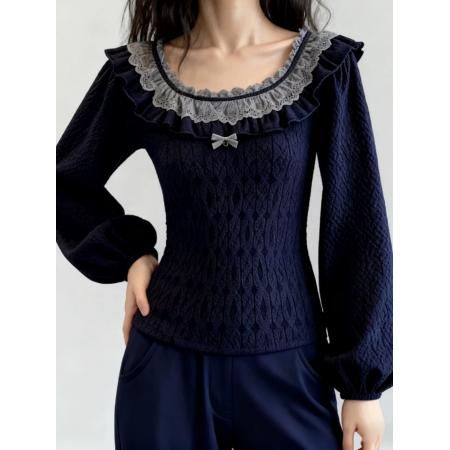 FA51645# 藏青色花边设计感毛衣女新款冬可外穿内搭超好看针织厚款上衣 服裝批發女裝批發服飾貨源