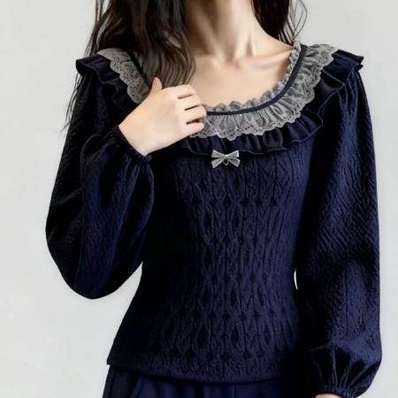FA51645# 藏青色花边设计感毛衣女新款冬可外穿内搭超好看针织厚款上衣 服裝批發女裝批發服飾貨源