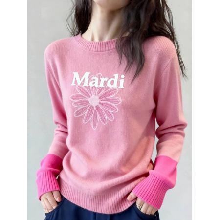 FA51646# 粉色圆领套头拼色针织衫毛衣女款新款冬季独特漂亮巨好看上衣 服裝批發女裝批發服飾貨源