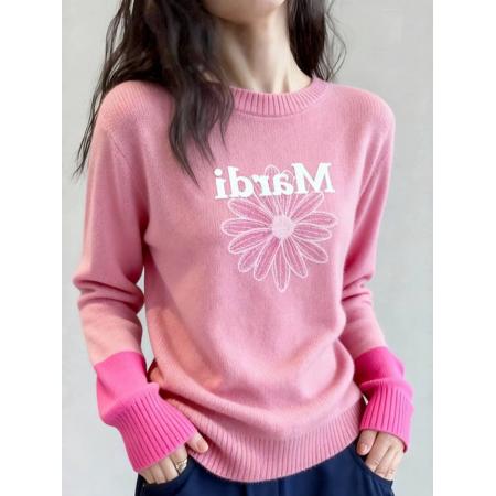 FA51646# 粉色圆领套头拼色针织衫毛衣女款新款冬季独特漂亮巨好看上衣 服裝批發女裝批發服飾貨源