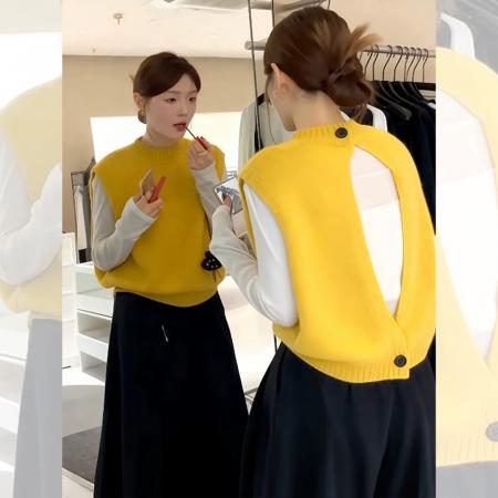 FA51648# 黄色后背镂空叠穿坎肩针织马甲背心女秋冬季巨好看的外穿上衣 服裝批發女裝批發服飾貨源