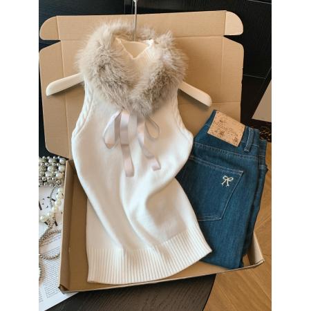 FA51649# 设计感毛毛高领无袖背心女新款气质修身百搭显瘦小上衣 服裝批發女裝批發服飾貨源