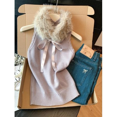 FA51649# 设计感毛毛高领无袖背心女新款气质修身百搭显瘦小上衣 服裝批發女裝批發服飾貨源