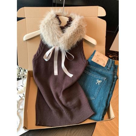 FA51649# 设计感毛毛高领无袖背心女新款气质修身百搭显瘦小上衣 服裝批發女裝批發服飾貨源