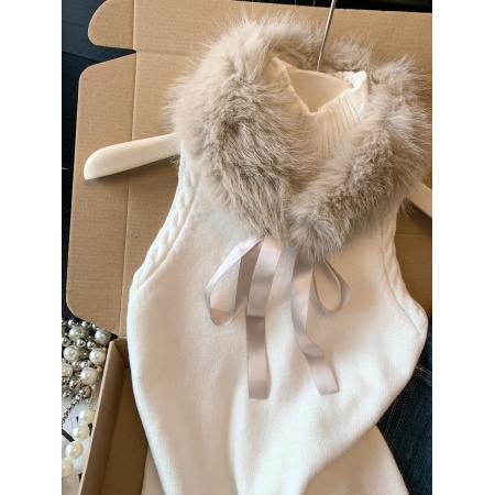 FA51649# 设计感毛毛高领无袖背心女新款气质修身百搭显瘦小上衣 服裝批發女裝批發服飾貨源