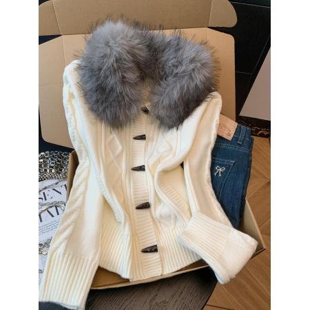 FA51650# 复古绞花毛衣女气质收腰慵懒短外套牛角扣显瘦毛领开衫 服裝批發女裝批發服飾貨源