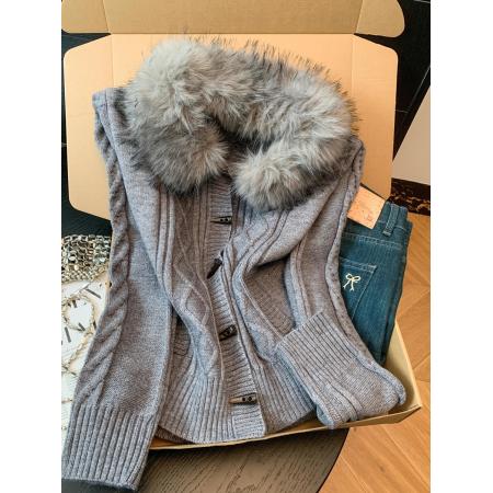 FA51650# 复古绞花毛衣女气质收腰慵懒短外套牛角扣显瘦毛领开衫 服裝批發女裝批發服飾貨源