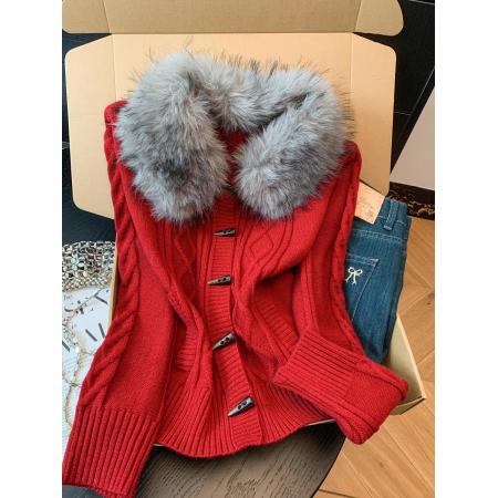 FA51650# 复古绞花毛衣女气质收腰慵懒短外套牛角扣显瘦毛领开衫 服裝批發女裝批發服飾貨源