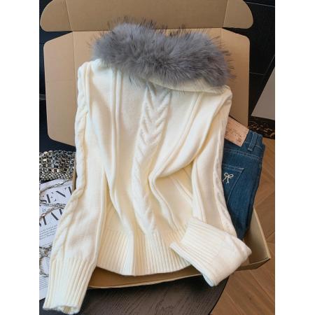 FA51650# 复古绞花毛衣女气质收腰慵懒短外套牛角扣显瘦毛领开衫 服裝批發女裝批發服飾貨源