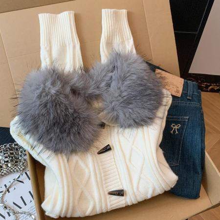 FA51650# 复古绞花毛衣女气质收腰慵懒短外套牛角扣显瘦毛领开衫 服裝批發女裝批發服飾貨源